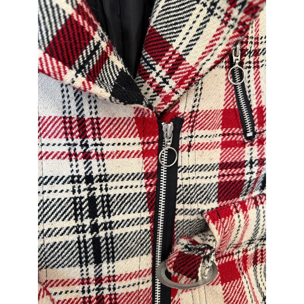 Plaid Moto Jacket Red Black Cream Belted Wool Blend Cato Small Zip Front Lined - Picture 12 of 12